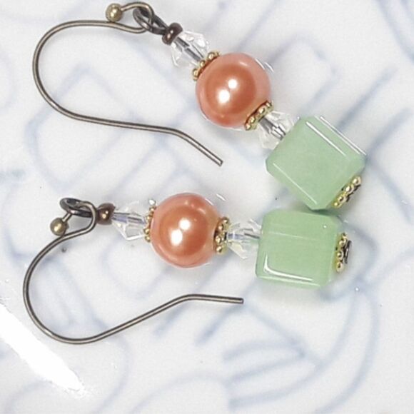 artisan earrings 457#mfs NEW boho hatpin victorian antique bronze mint peach dan - Picture 2 of 6